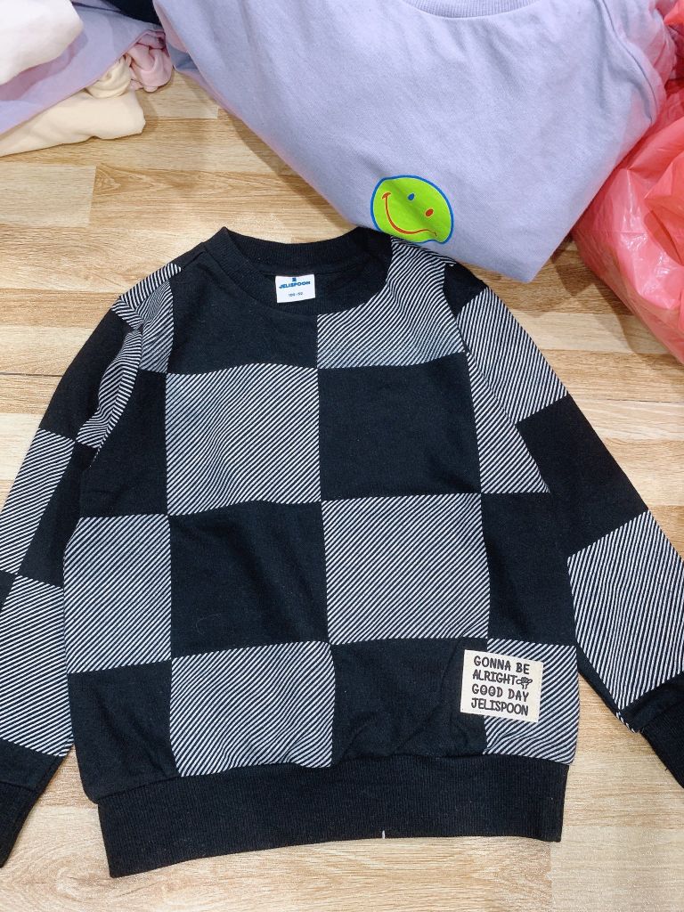 Áo nỉ da cá Jelispoon kẻ caro đen ghi