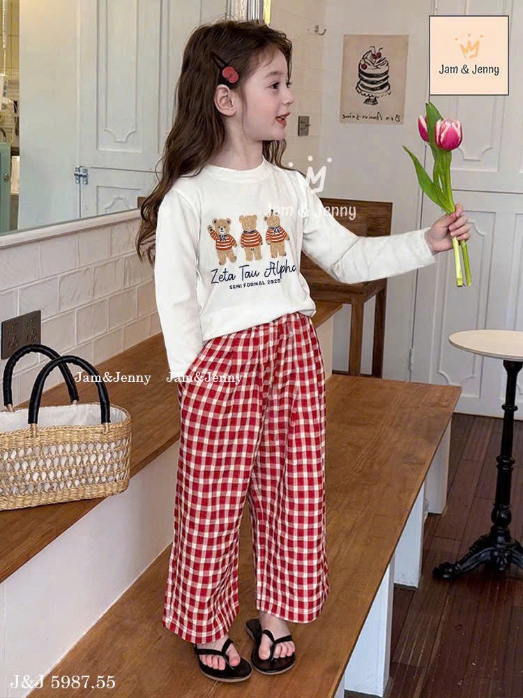 JJ 5987 - Bộ Jam & Jenny áo dài tay in gấu + quần kẻ caro đỏ bé gái size 6-12y