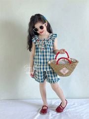 S3389 - Bộ Sara Min màu xanh kẻ caro in hoa bé gái size 2-12y