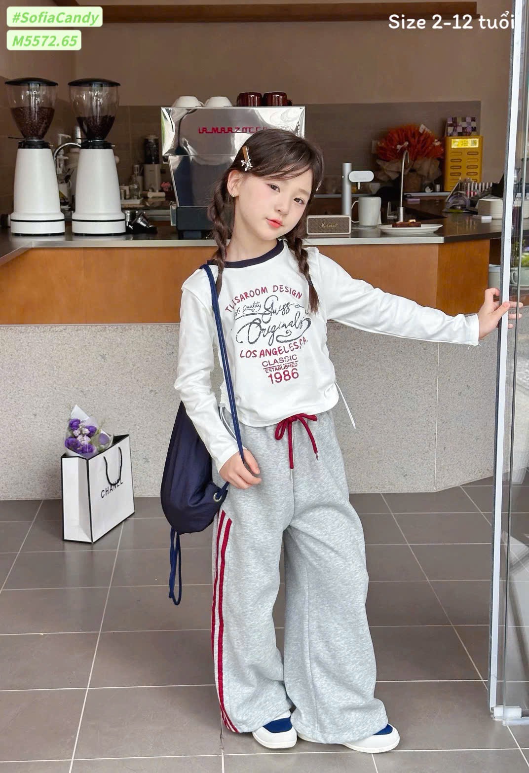 M5572 - Set Mia Kids áo thun trắng Originals - quần nỉ ghi sọc đỏ size 2 - 12y