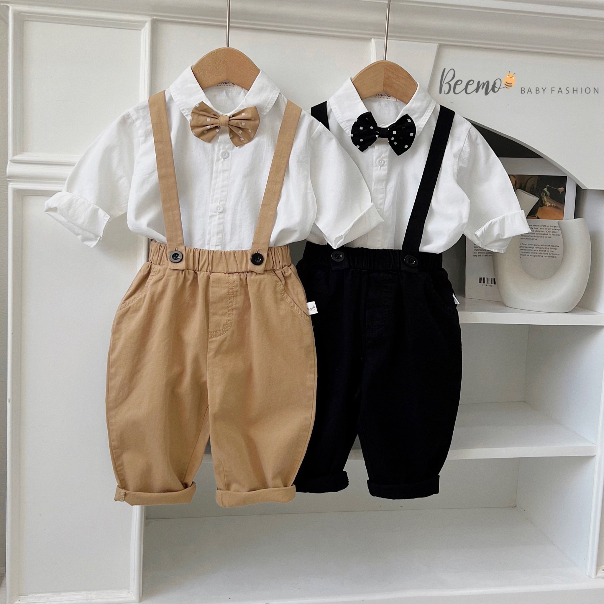 Bộ sơ mi công tử kèm nơ Beemo 2 màu nâu / đen size 80 - 130