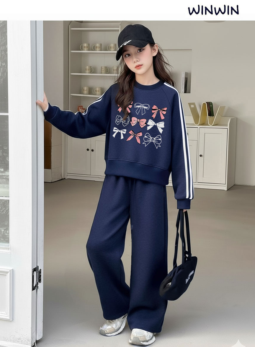 Bộ nỉ da cá Win Win áo nơ + quần ống suông nhiều màu size 3-14y