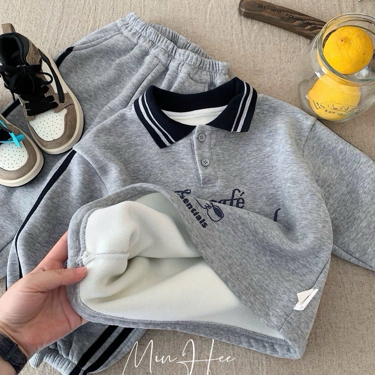 H0616 - Bộ nỉ polo màu ghi lót nỉ đại hàn cho bé size 90-130