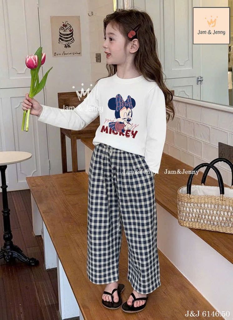 JJ 6146 - Bộ Jam & Jenny áo dài tay in mickey + quần kẻ 6-12y