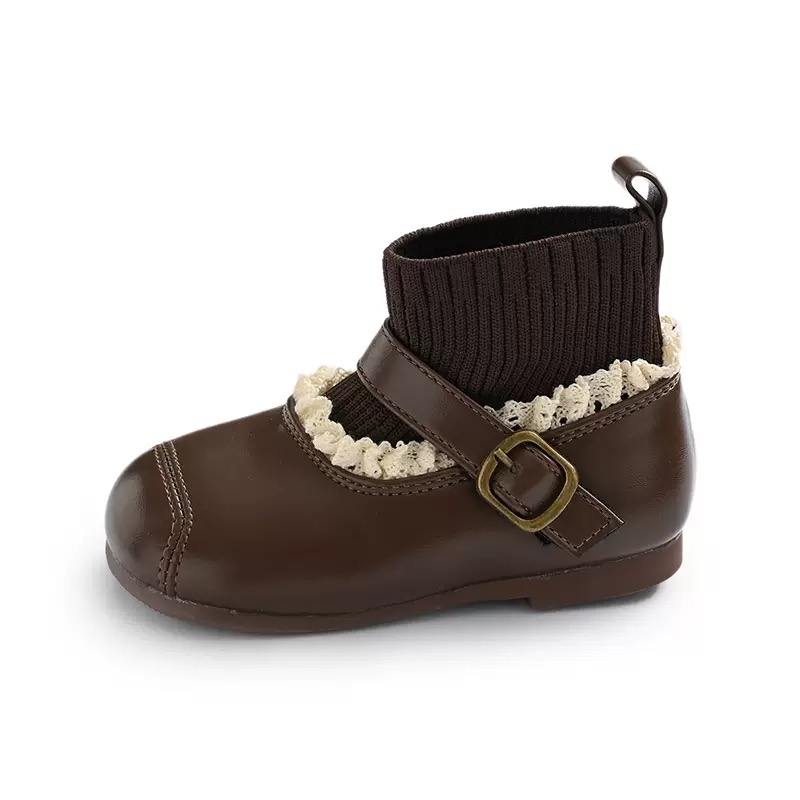 Q30 - Bốt da cổ chun viền ren 2 màu cho bé gái size 21-30