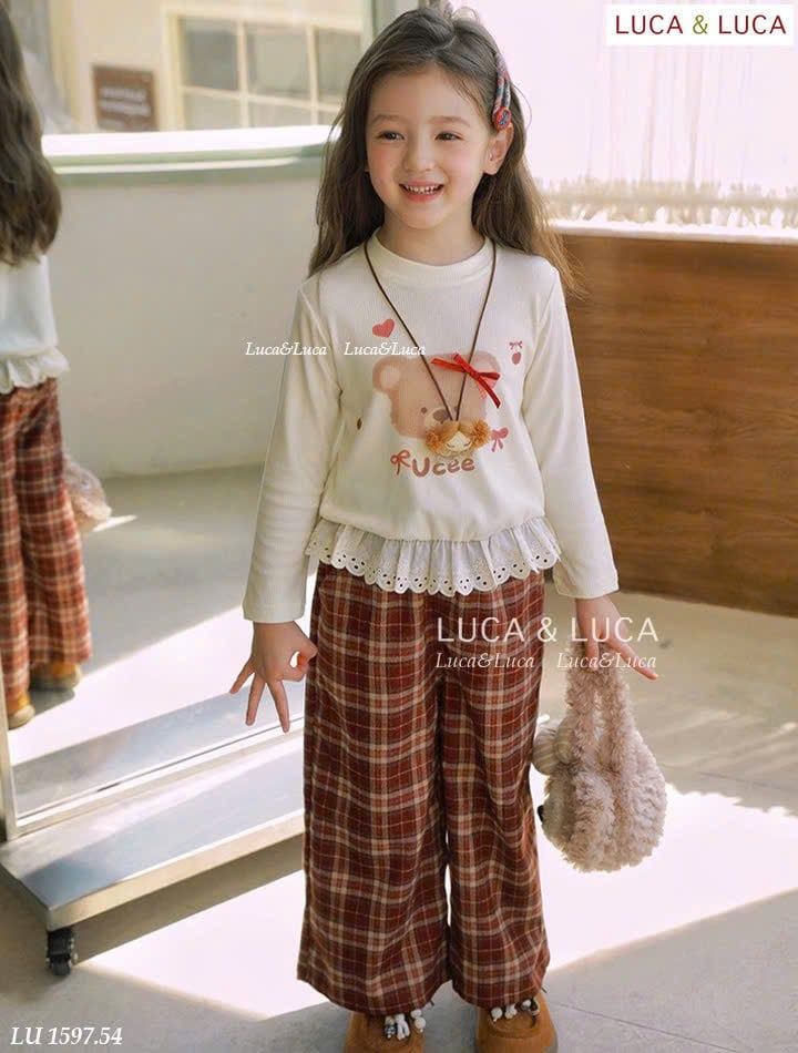 Lu 1597 - Bộ bé gái Luca áo dài tay in gấu phối ren + quần dài kẻ size 2-12y