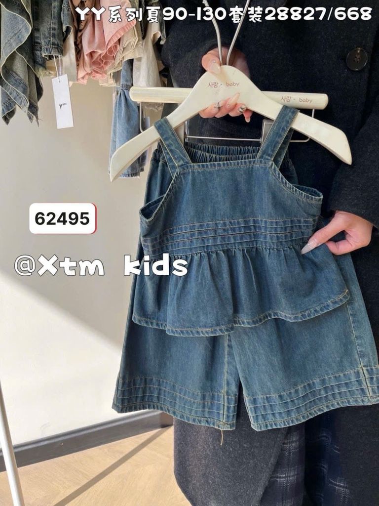 Y28827 - Bộ QC vải jean giấy mềm màu xanh đậm bé gái size 90-130