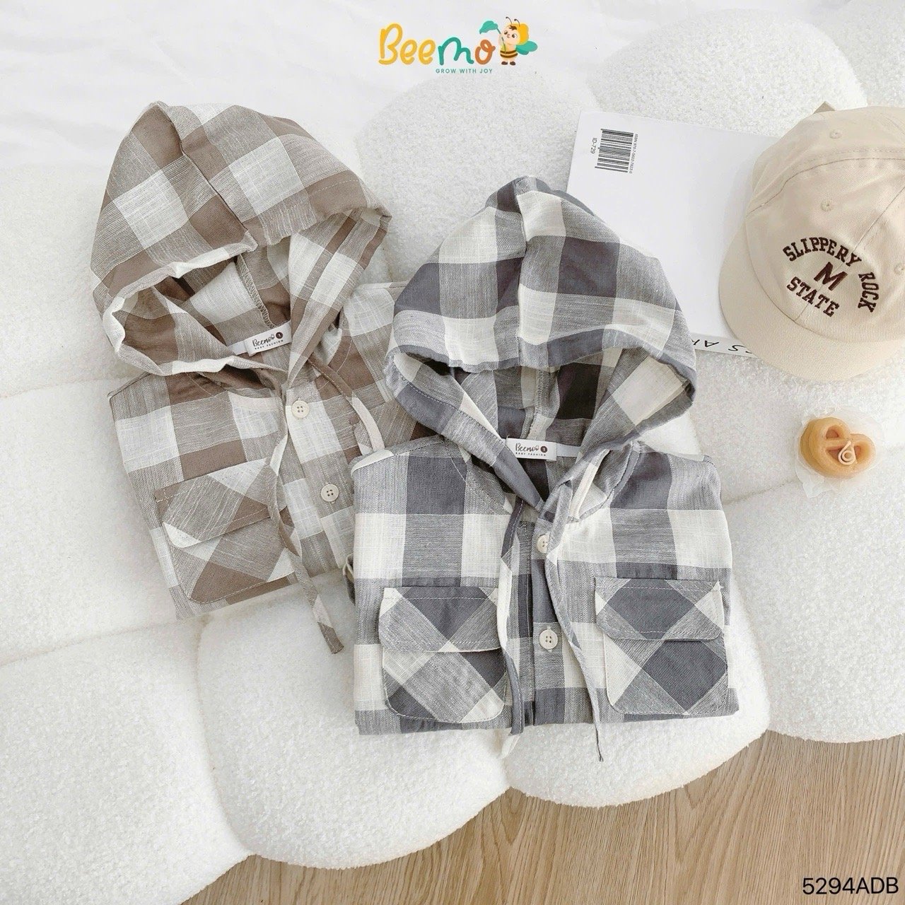 Áo sơ mi Beemo kẻ caro liền mũ 2 màu cho bé size 1-6y