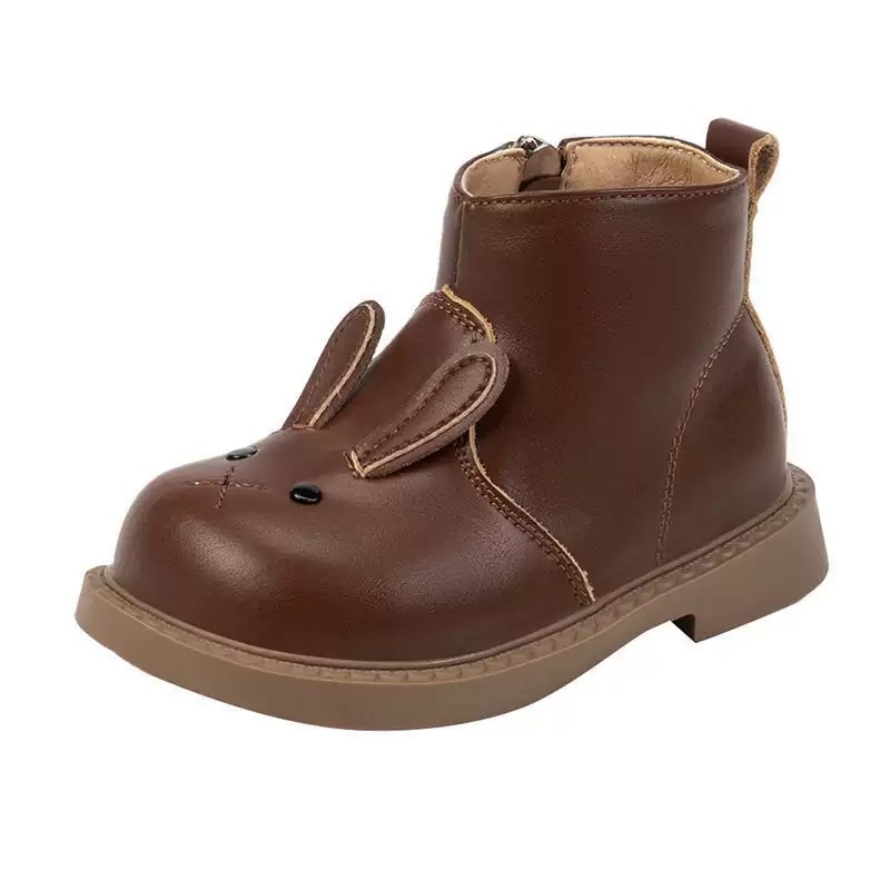 Bốt da cổ thấp hoạ tiết thỏ 2 màu trắng/nâu bé gái size 22-30