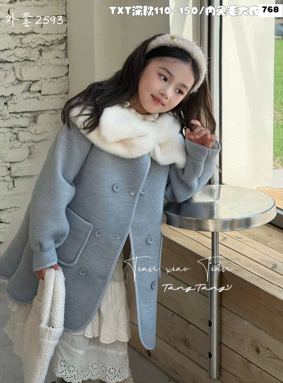 AK07 - Áo khoác dạ lông cừu dáng dài cổ lông 2 màu cho bé size 110-150