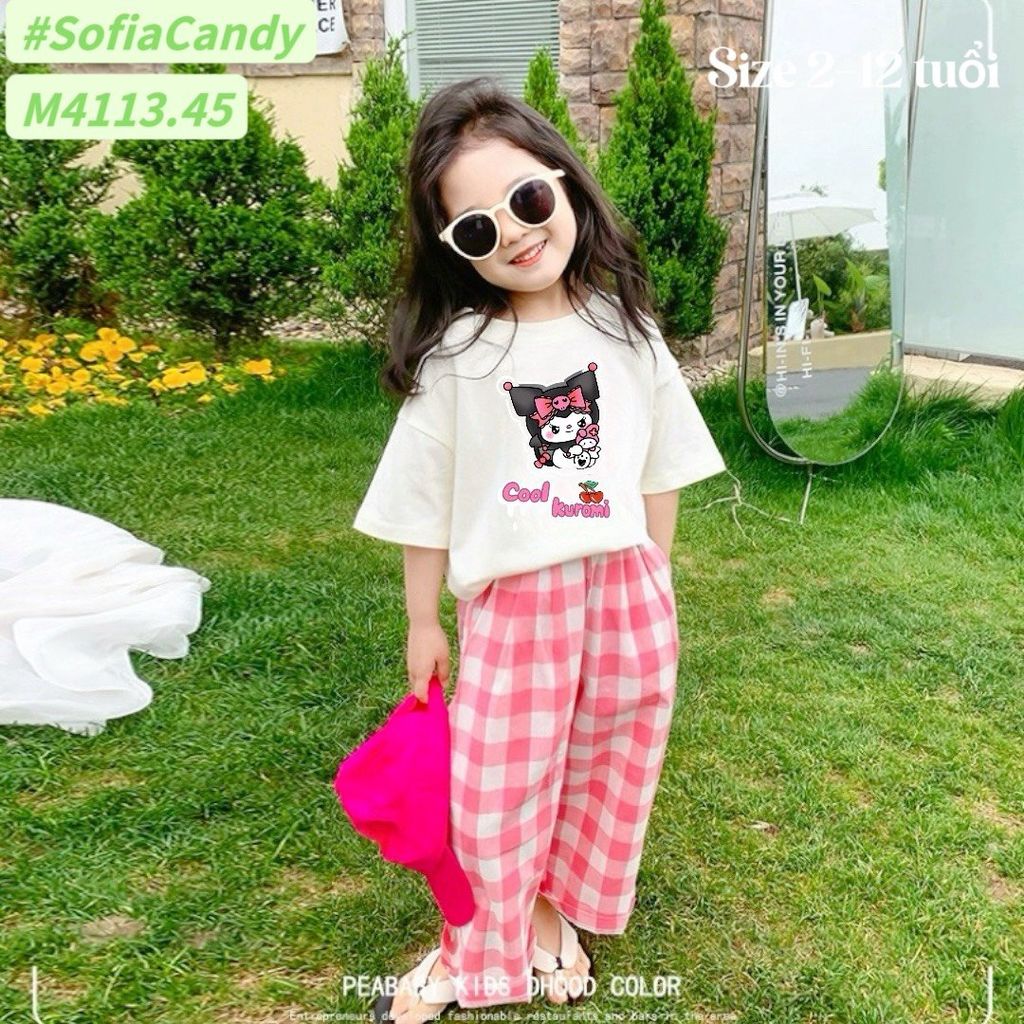 Set bộ Mia Kid áo cotton trắng + quần kẻ hồng BG size 2-12y