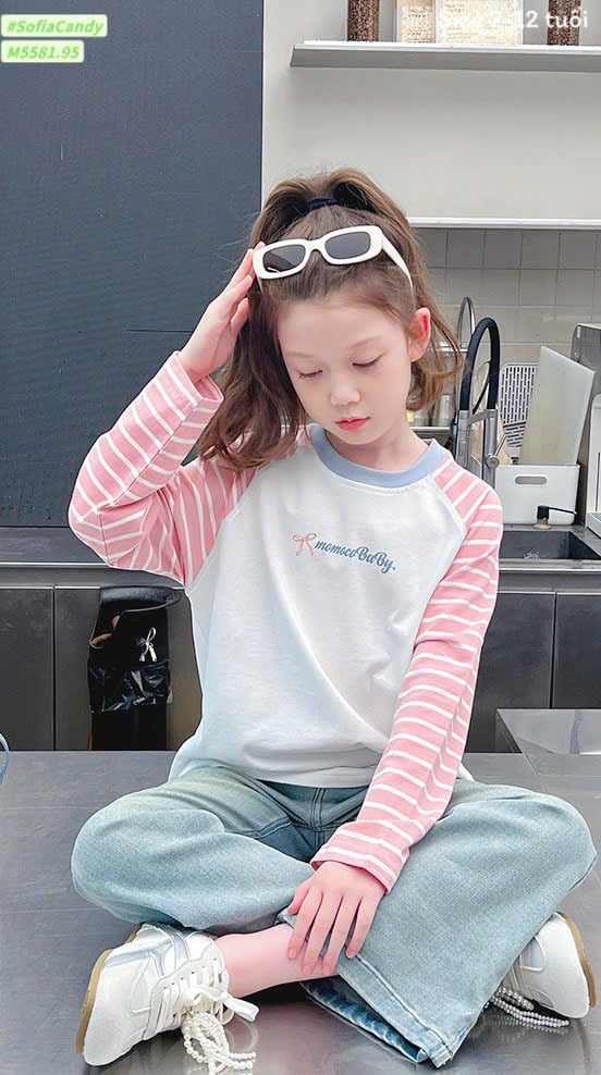 M5581 - Set bộ Mia Kids áo dài tay kẻ hồng + quần jean bé gái size 2-12y