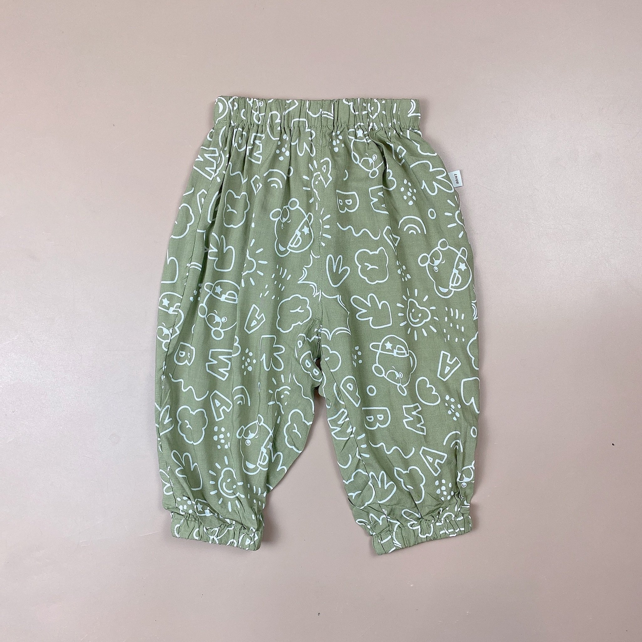 Quần lanh bo gấu xuất Hàn hình gấu chữ in tràn 3 màu size 80 - 160