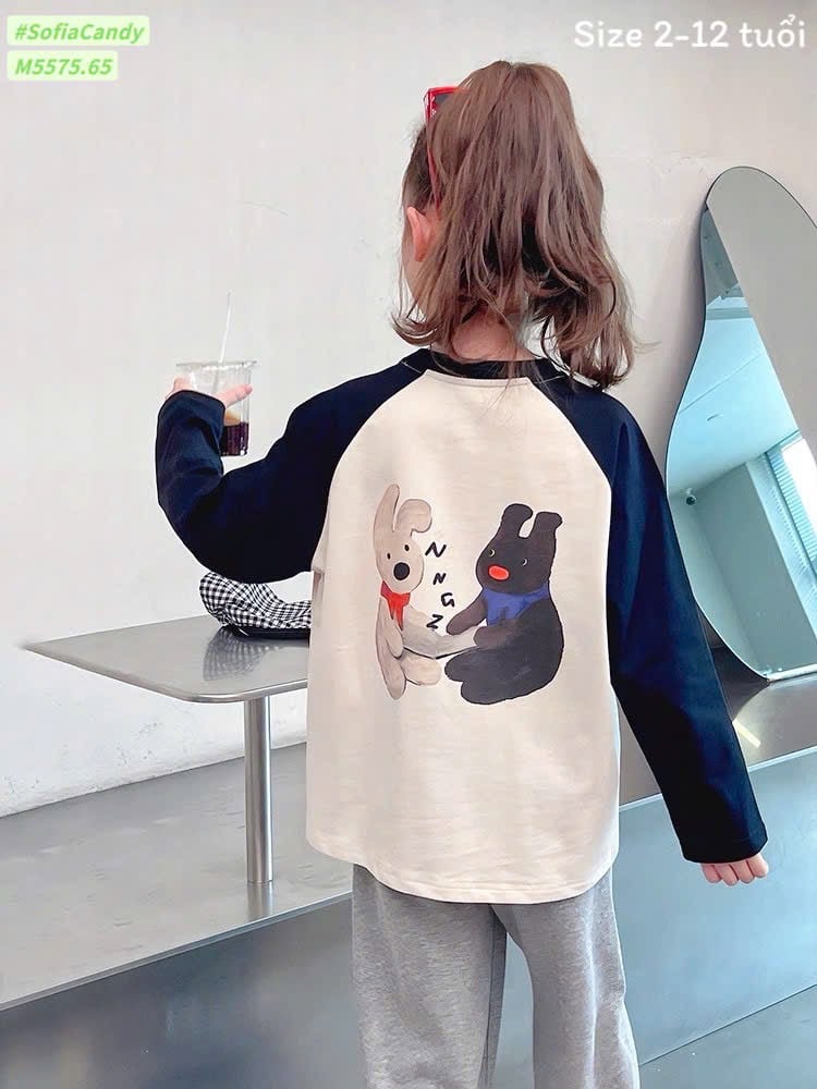 M5575 - Bộ Mia Kids áo dài tay cotton in hình cún + quần nỉ ghi size 2-12y