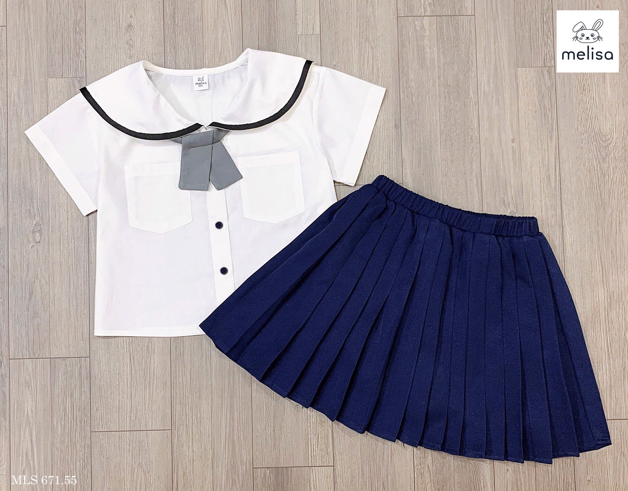 Set thô Melisa áo trắng kèm cavat - chân váy liền quần màu navy size 2 - 11y