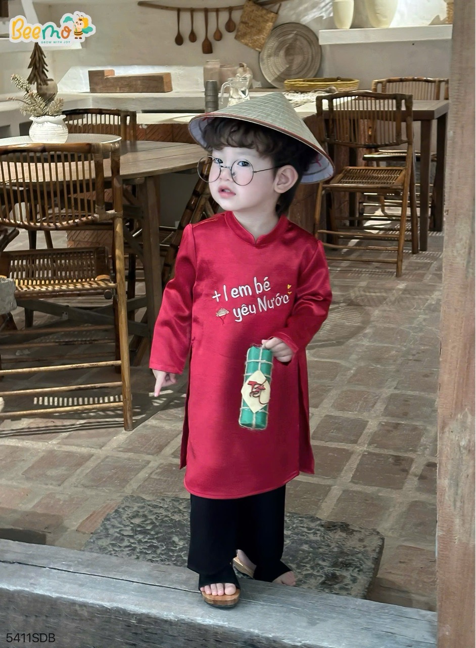 Áo dài lụa Beemo màu đỏ thêu Trend Việt Nam size 1-10y