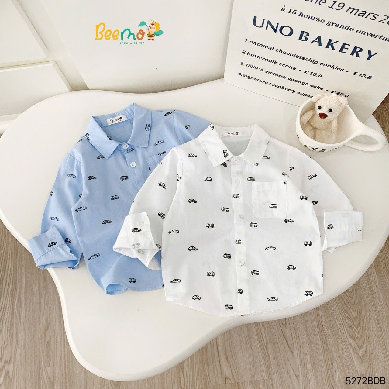 Bộ Beemo áo sơ mi ô tô in tràn + quần kaki bé trai 2 màu trắng/đen size 1-6y