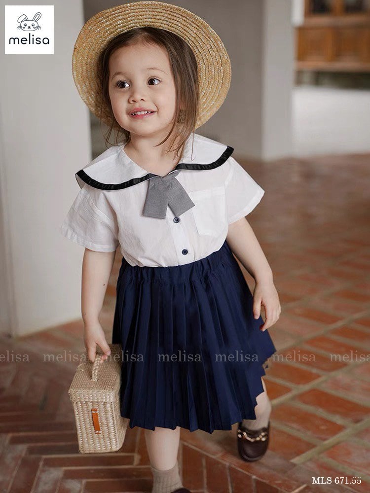 Set thô Melisa áo trắng kèm cavat - chân váy liền quần màu navy size 2 - 11y