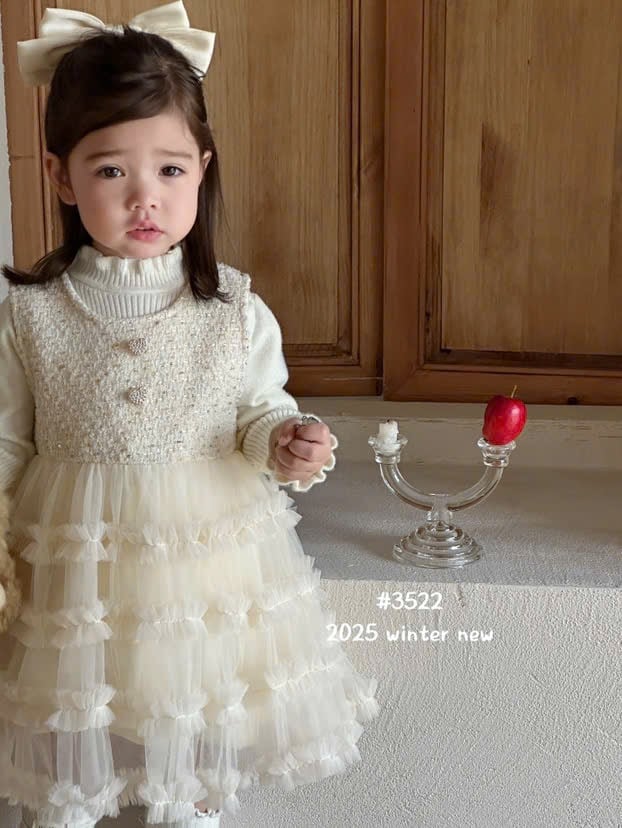 S3522 - Set 2ct váy QC công chúa + áo len màu kem bé gái size 90-130