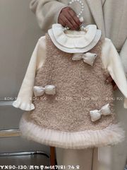 7181 - Set áo len tăm + váy công chúa màu nâu be đính nơ size 90-130