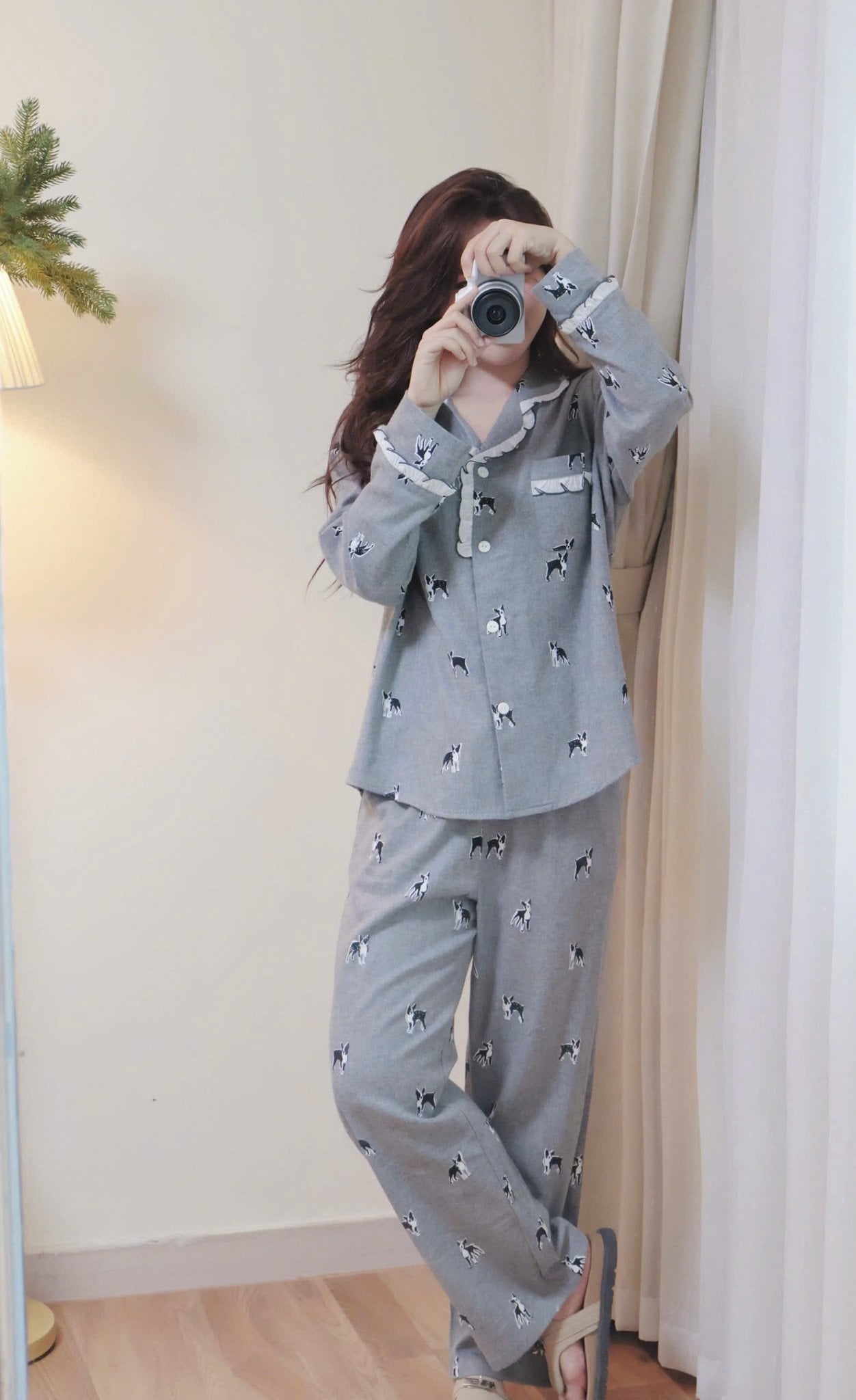 Bộ Pyjama Beemon vải cà bông mềm màu ghi hình cún cho Mẹ freesize 50-65kg