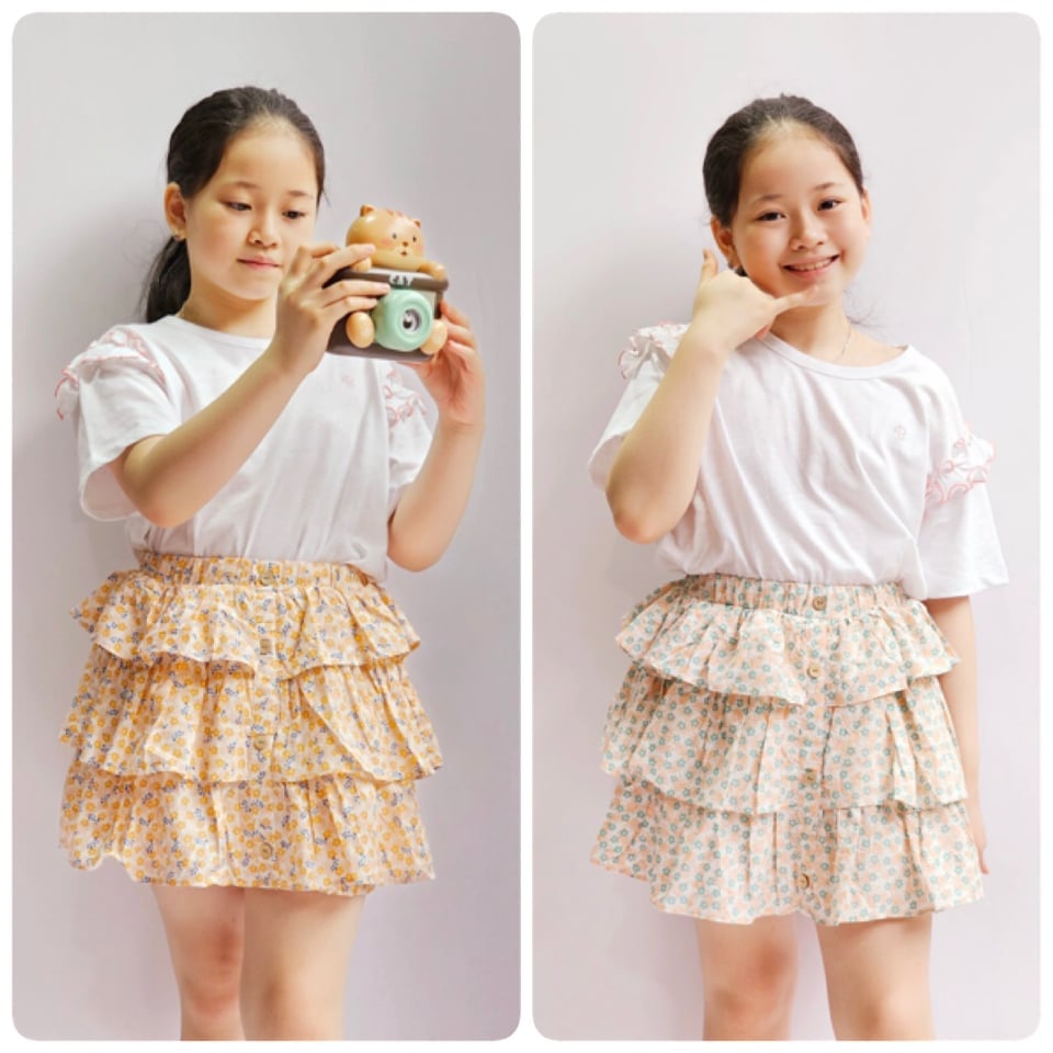 Bộ Bee Mon áo cotton trắng bèo vai - chân váy liền quần xếp tầng 2 màu hoa size 100 - 150
