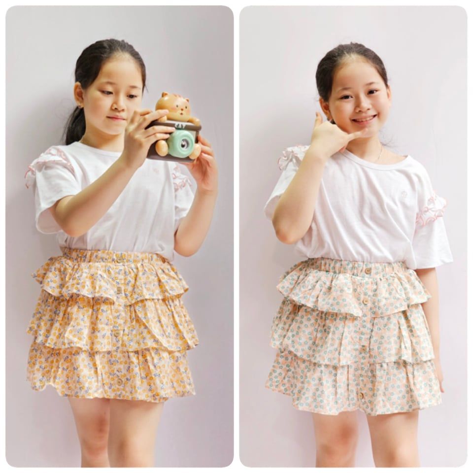 Bộ Bee Mon áo cotton trắng bèo vai - chân váy liền quần xếp tầng 2 màu hoa size 100 - 150