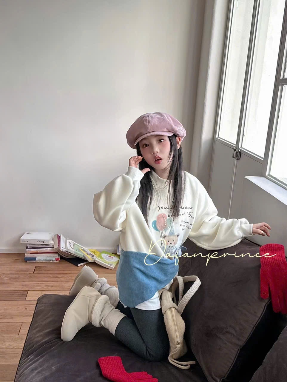 15348 - Áo nỉ lót nỉ QCCC màu kem gấu bóng bay size 110-160