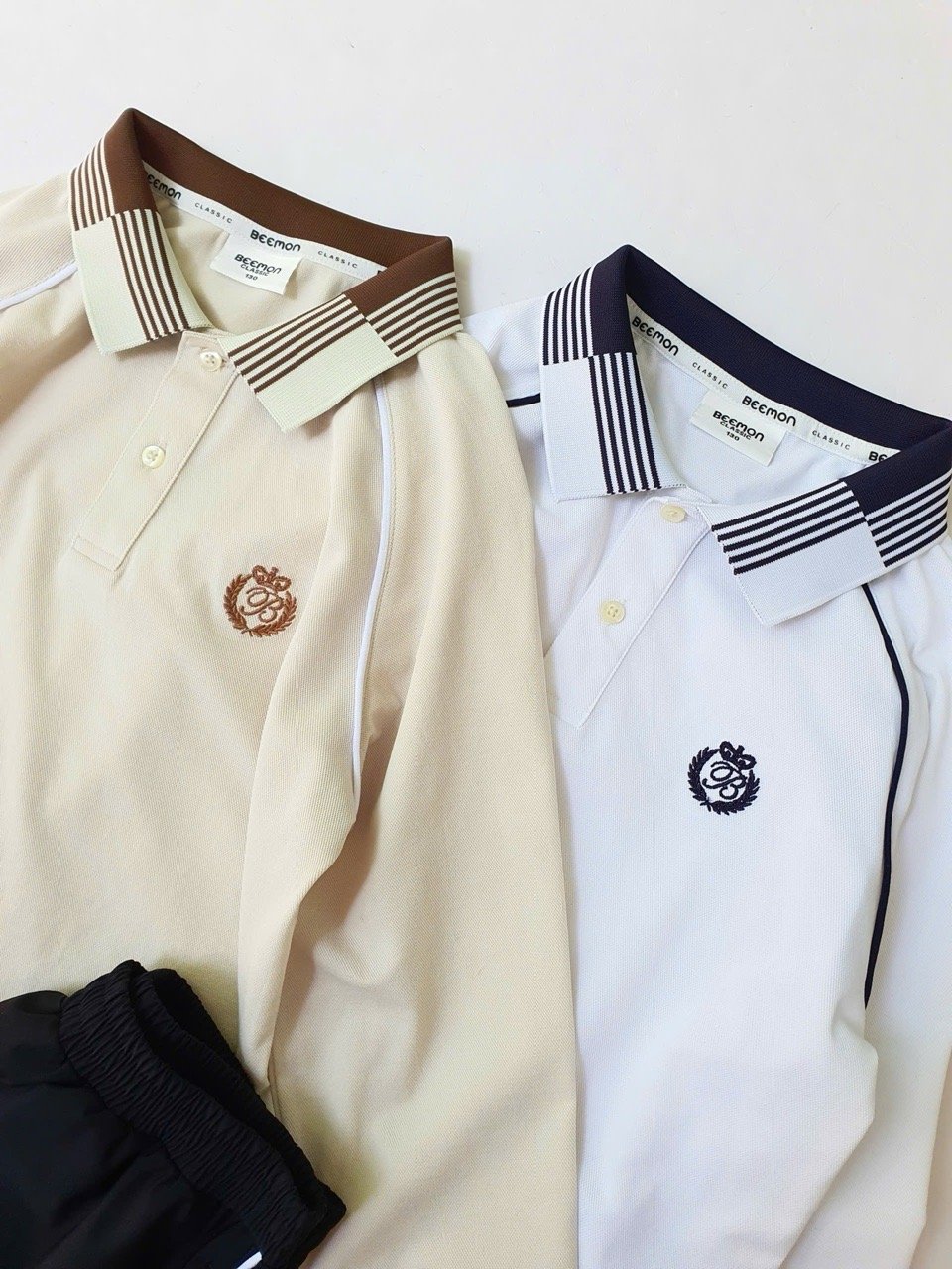 BM2508ST01 - Bộ Polo cổ kẻ Beemon dài tay 2 màu be nâu / trắng đen cho bé size 120 - 160