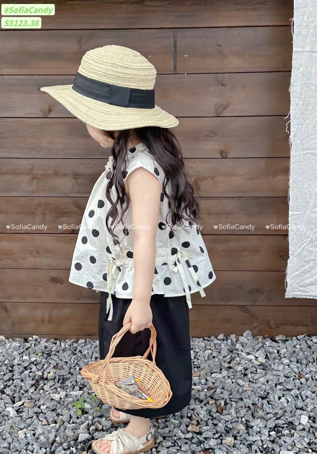 S5123 - Set bộ Sofia Candy áo chấm bi trắng đen + quần đen bé gái size 1-10y