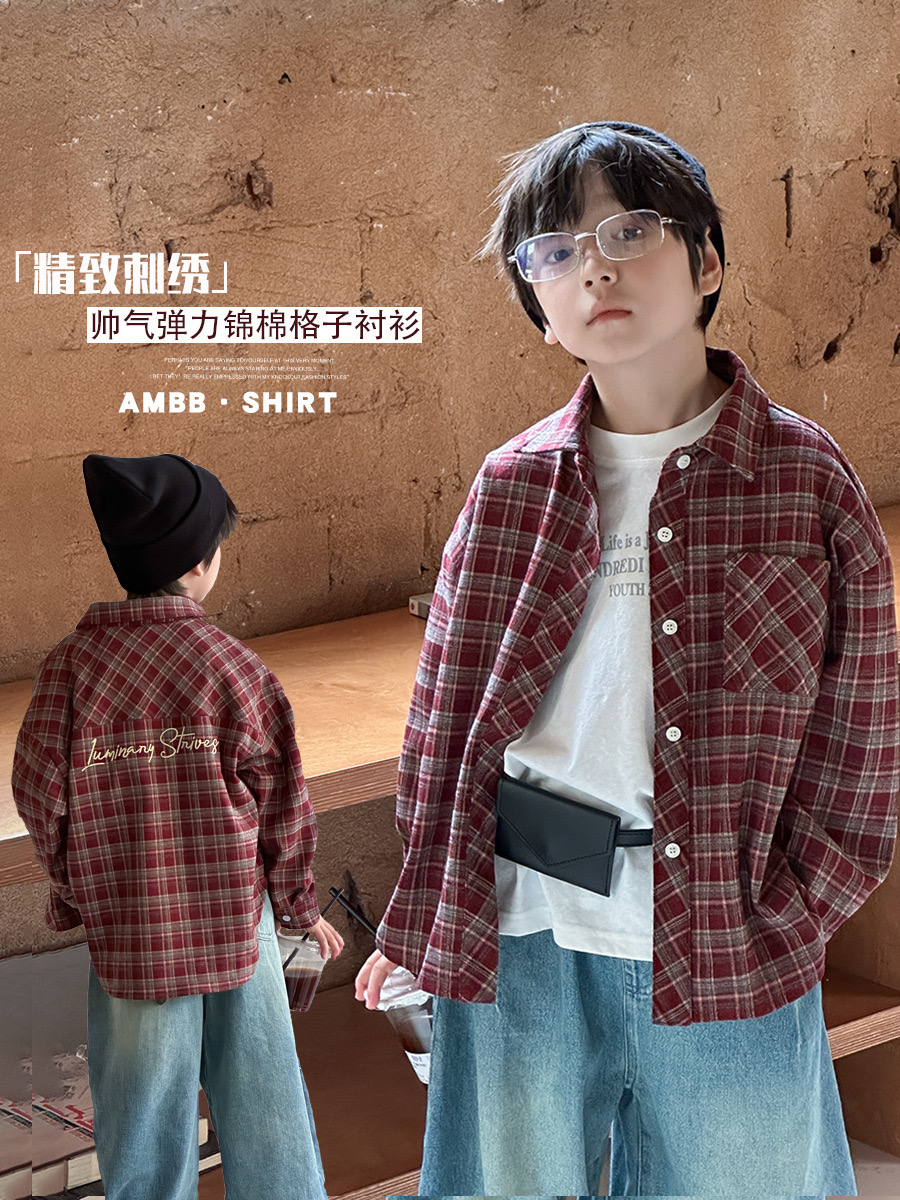 25F136 - Áo sơ mi AMBB vải dạ mềm kẻ nâu đỏ bé trai size 110-170