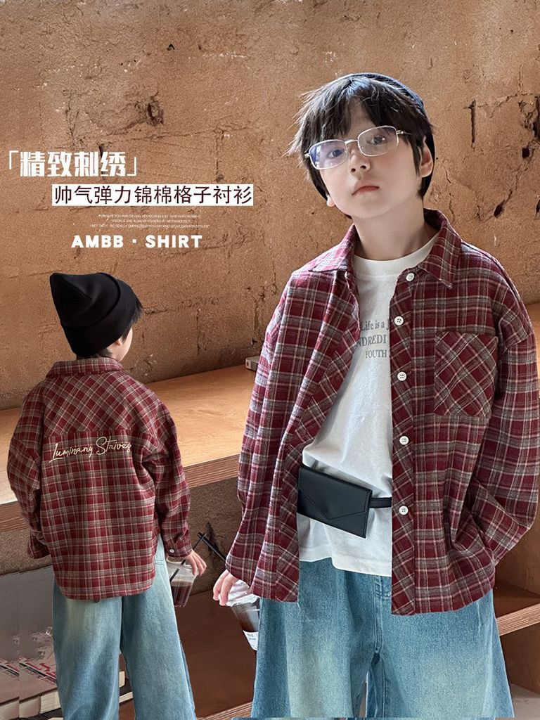 25F136 - Áo sơ mi AMBB vải dạ mềm kẻ nâu đỏ bé trai size 110-170