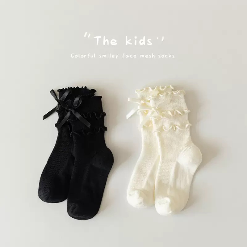 Tất cao cổ bèo nhún đính nơ 3 màu cho bé size 3-12y