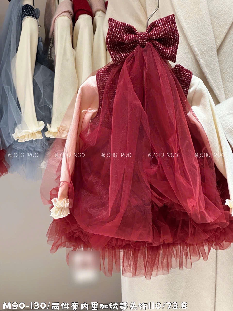 B25110 - Set áo len + váy dạ đính nơ màu đỏ chân váy tutu bé gái size 90-130