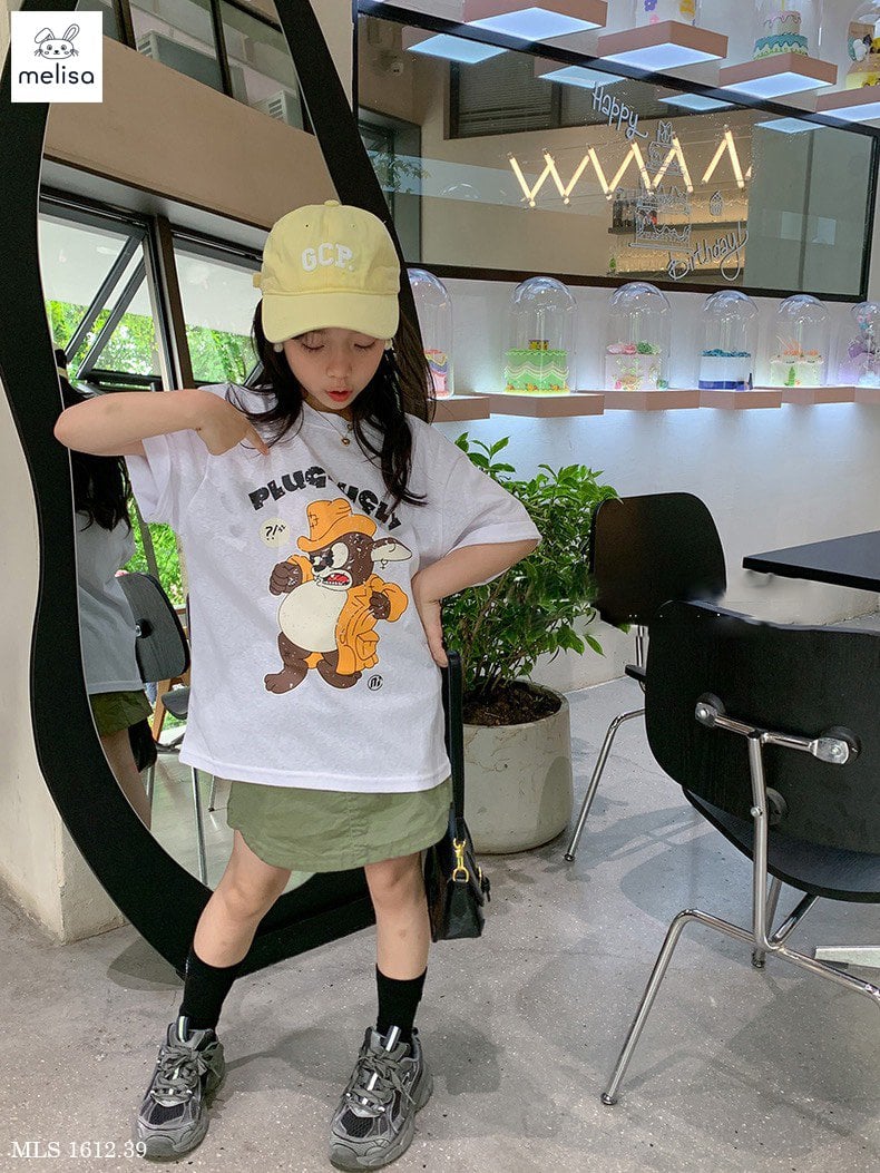 Set Melisa áo cotton trắng gấu - chân váy xanh rêu liền quần size 2 - 12y