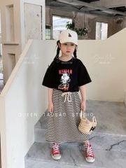 Set Sara Min áo cotton đen HuMan - chân váy dài kẻ ngang size 2-12y