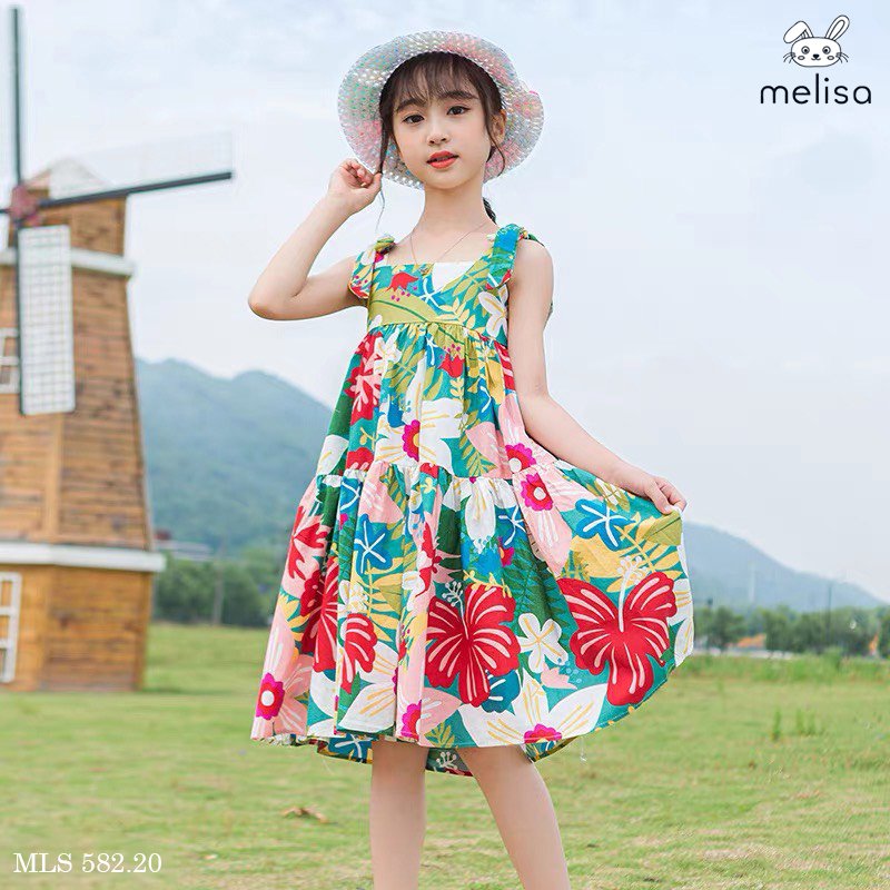 V00005 - Váy thô hai dây nơ vai Melisa hoa sắc màu size 2 - 11y