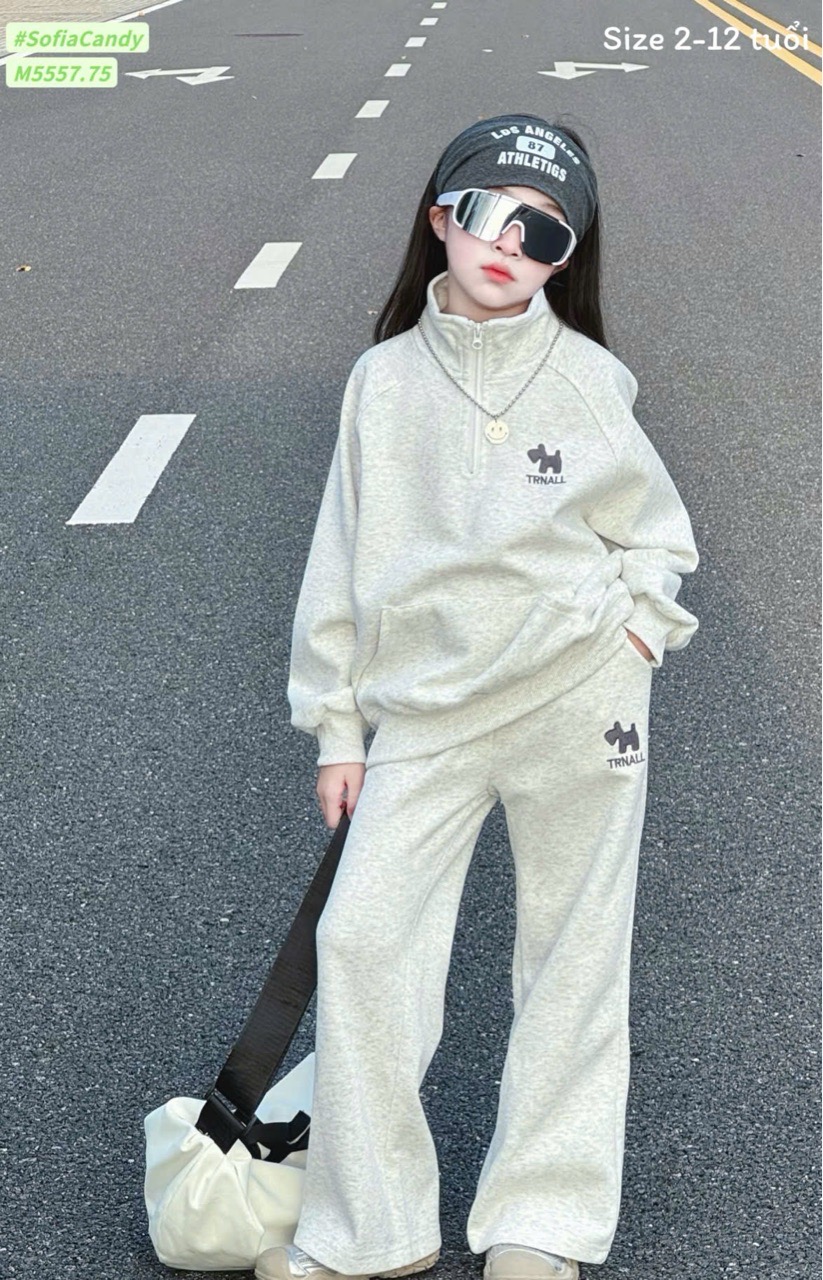 M5557 - Set bộ Mia Kids nỉ 2 da màu ghi cho bé size 2-12y