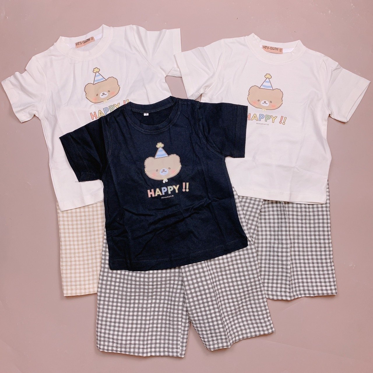 Bộ Hiy - Quin áo cotton hình vịt / gấu + quần kẻ caro nhiều màu size 2-6y