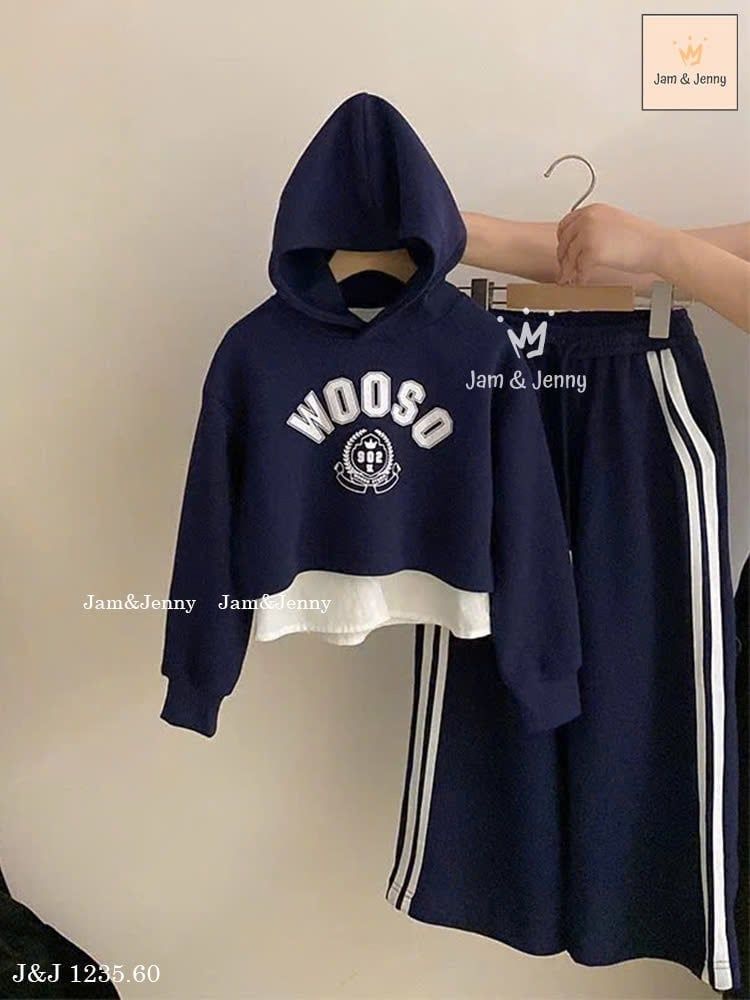 JJ 1235 - Bộ nỉ Jam & jenny hoodie WooSo xanh phối vạt trắng size 2-12y