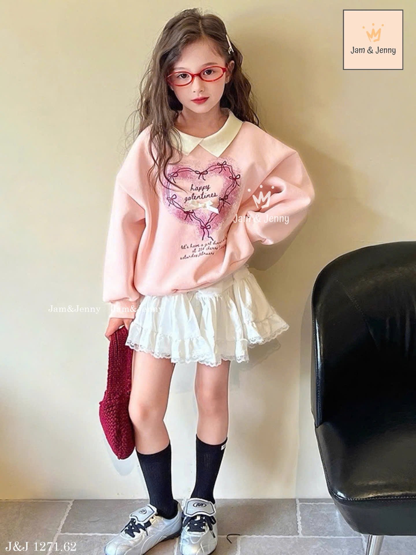 JJ 1271 - Set váy Jam & Jenny áo hồng cổ đức + chân váy trắng bé gái size 2-12y