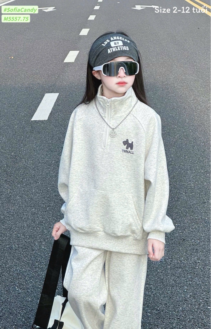 M5557 - Set bộ Mia Kids nỉ 2 da màu ghi cho bé size 2-12y