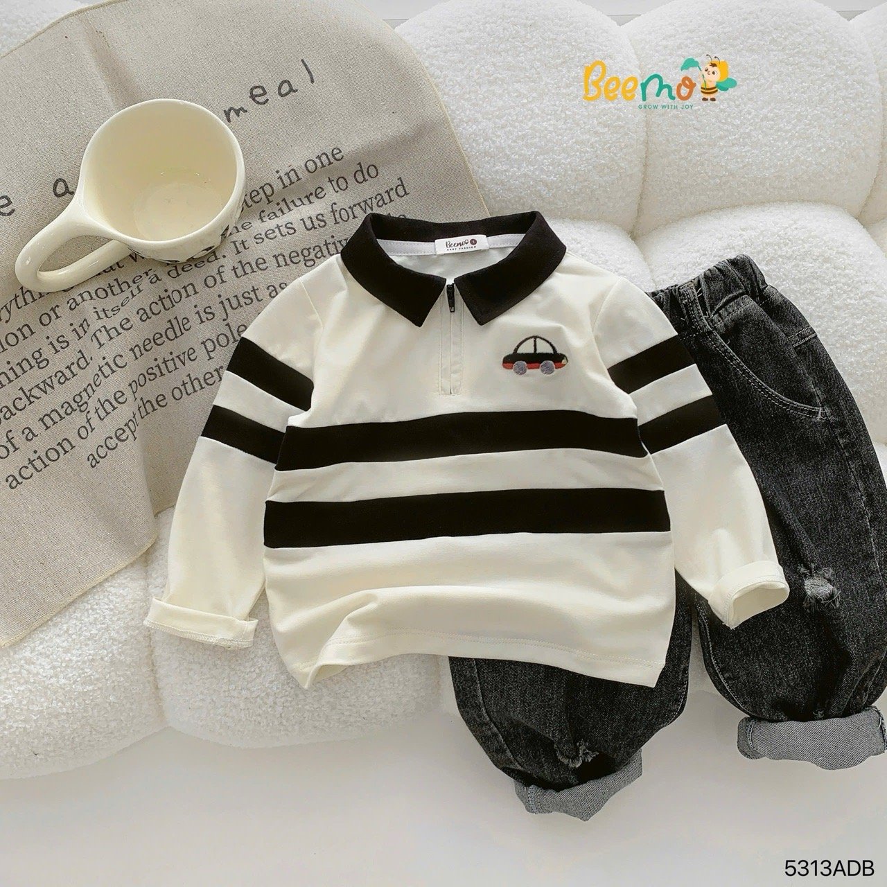 Áo polo cổ đức Beemo thêu ô tô 2 màu cho bé trai size 1-6y