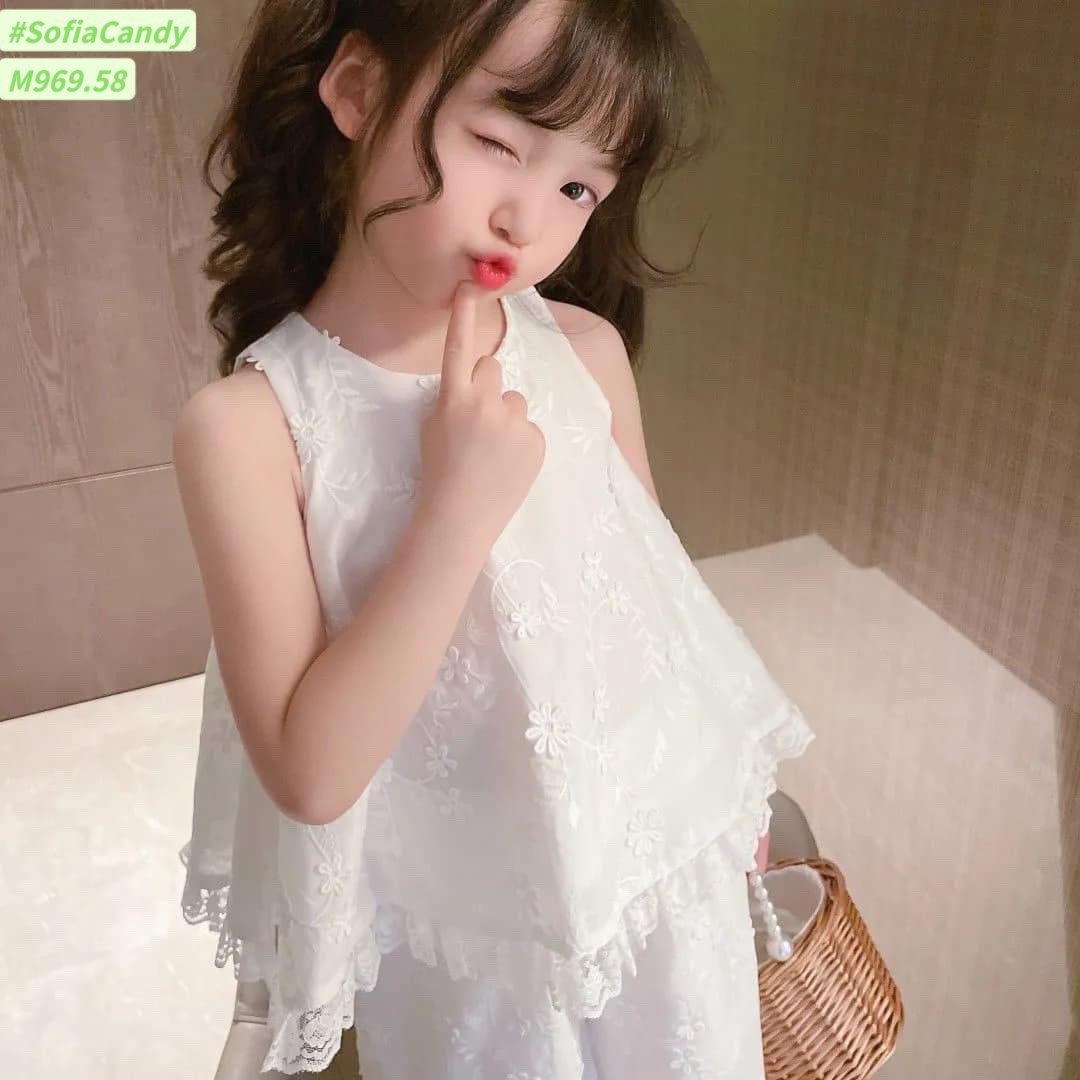 Bộ Mia Kids thô thêu đính hoa màu trắng áo sát nách + quần dài size 1-10y