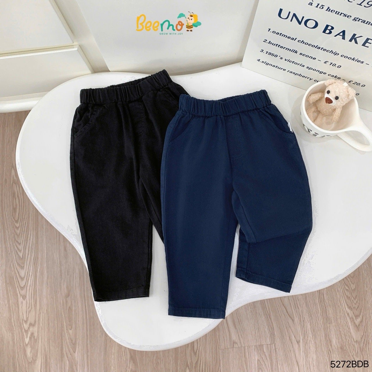 Bộ Beemo áo sơ mi ô tô in tràn + quần kaki bé trai 2 màu trắng/đen size 1-6y