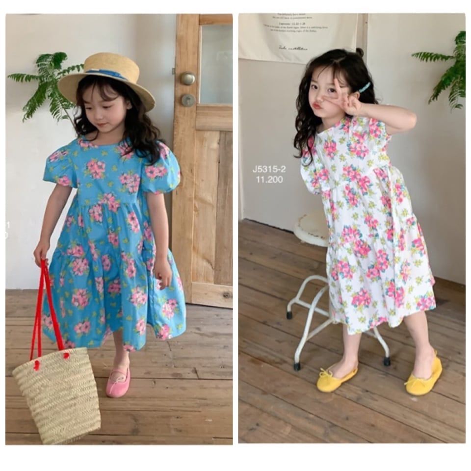 V00026 - Váy thô June xếp tầng tay bồng 2 màu hoa size 1 - 10y