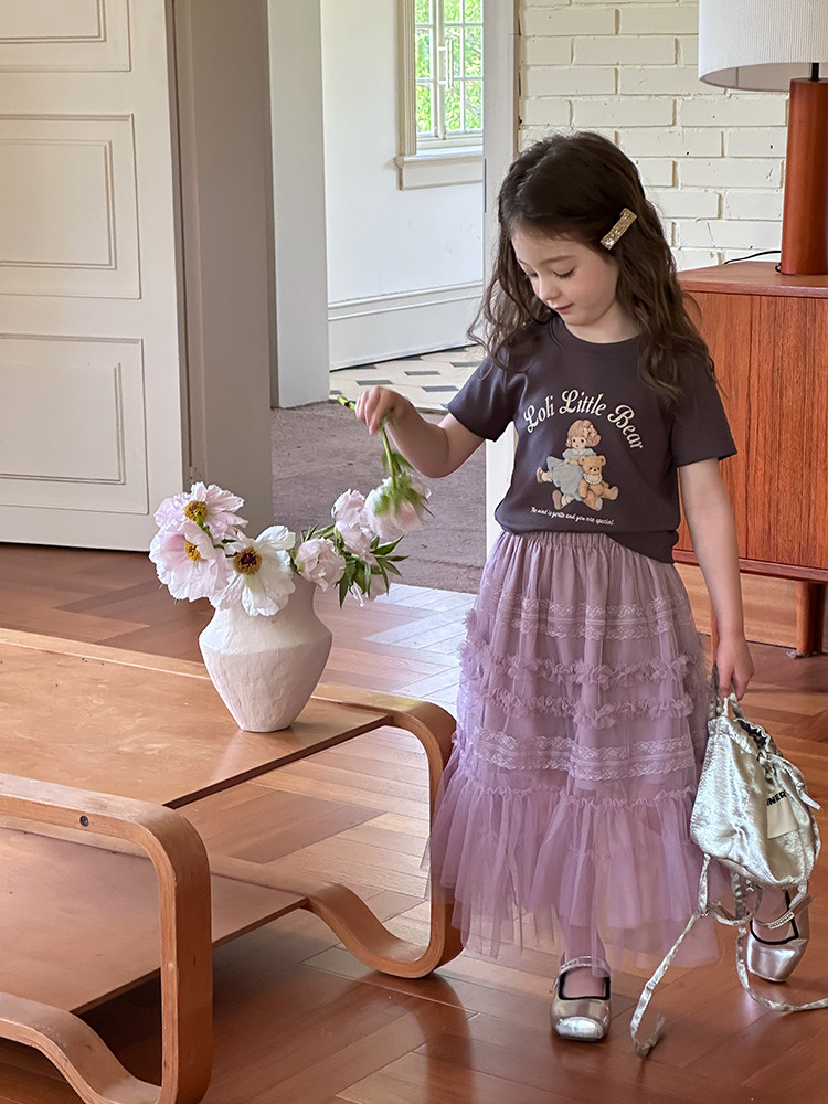 Chân váy ren dáng dài AMBB 2 màu kem/tím bé gái size 90-170