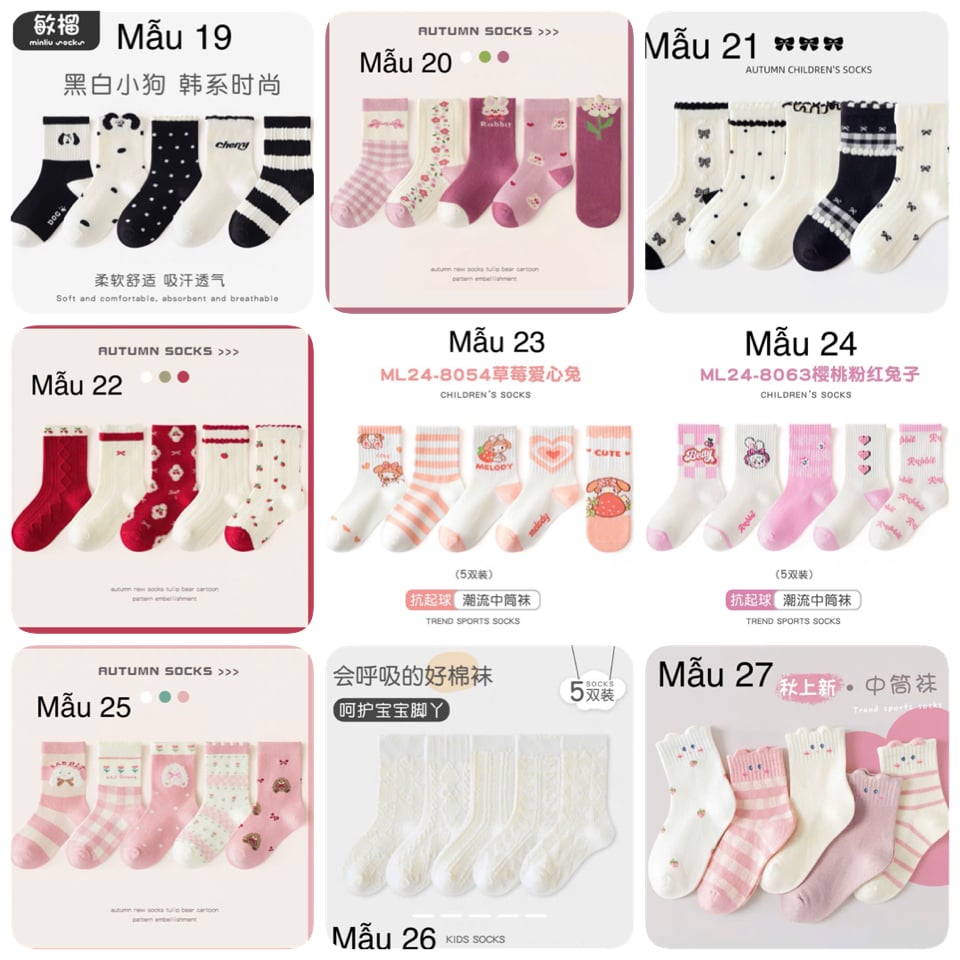 2024 - Set 5 tất Minliu Kids Socks nhiều hình Bé Gái size S - XL ( 2 - 15y )