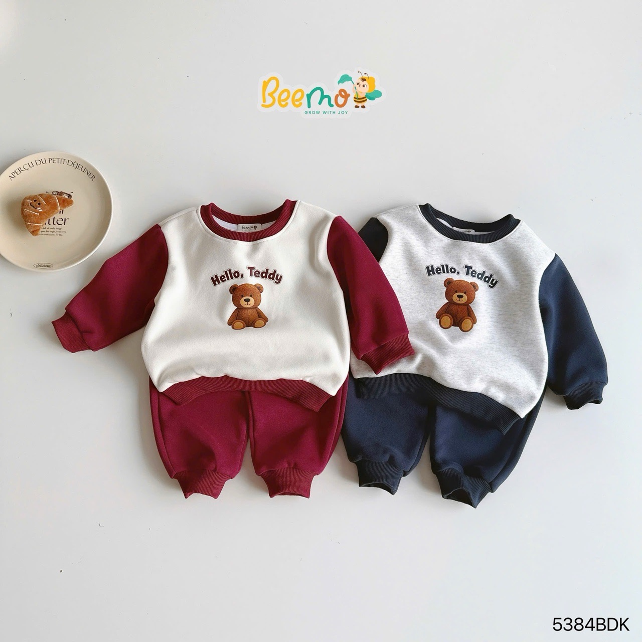 Bộ nỉ Beemo hai da tay giác lăng in gấu teddy 2  màu cho bé size 1-10y