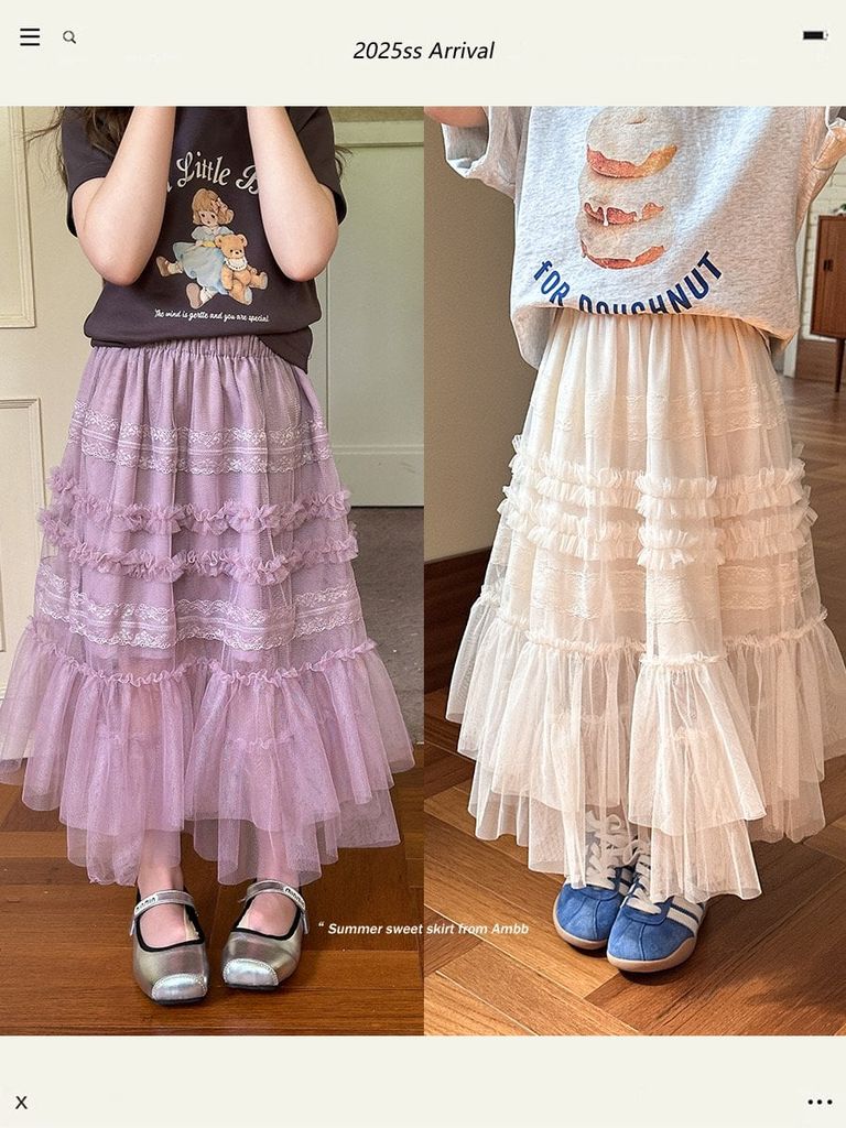 Chân váy ren dáng dài AMBB 2 màu kem/tím bé gái size 90-170